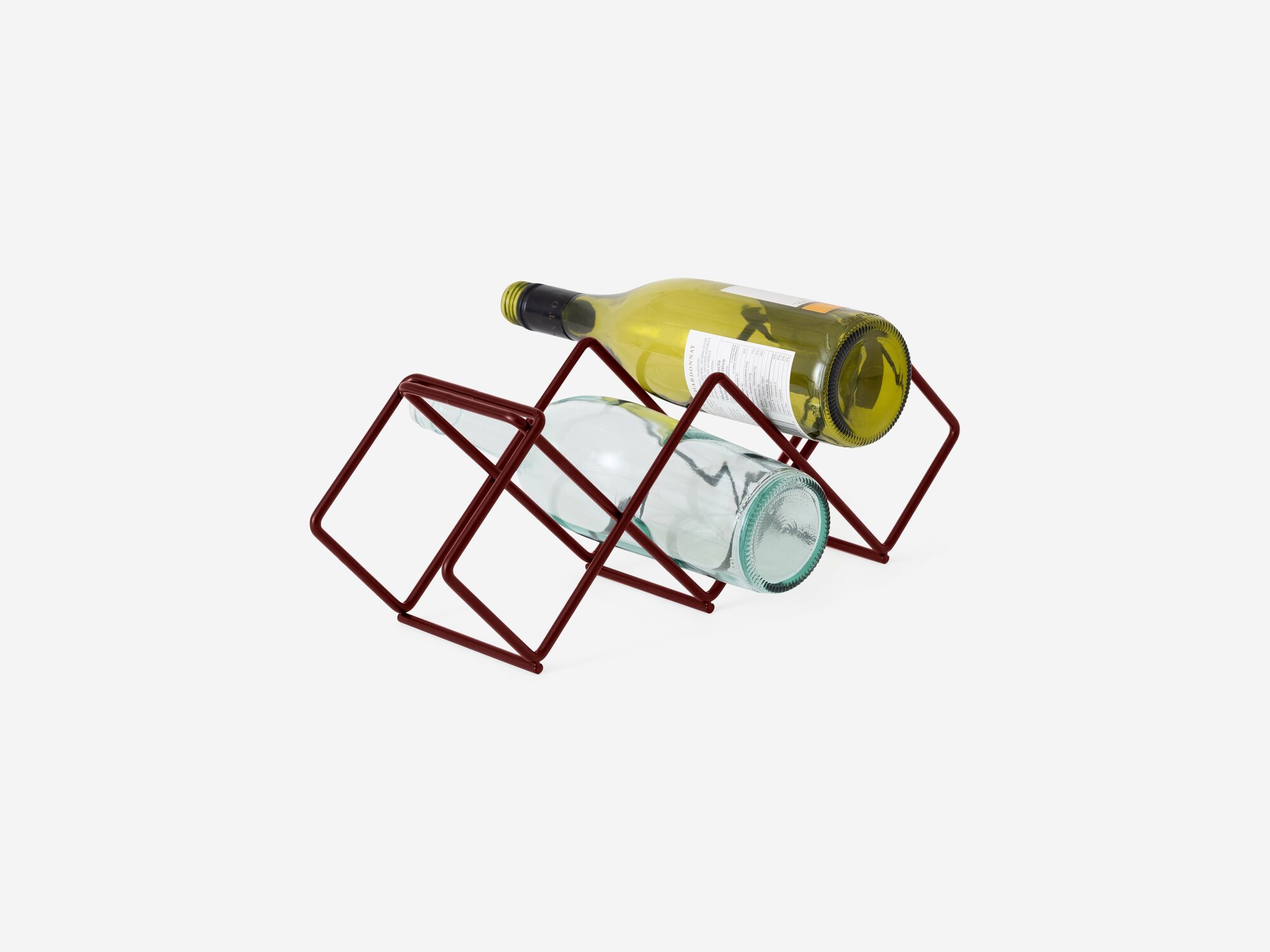 Single modular red wire wine rack with bottles front angle view